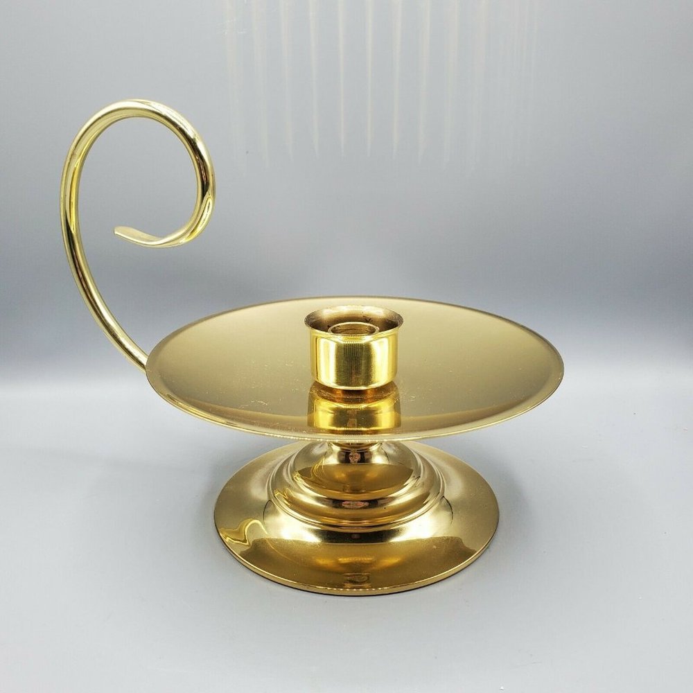 Vintage BALDWIN Large Brass Chamber Candlestick Holder With Scroll Swirl Handle